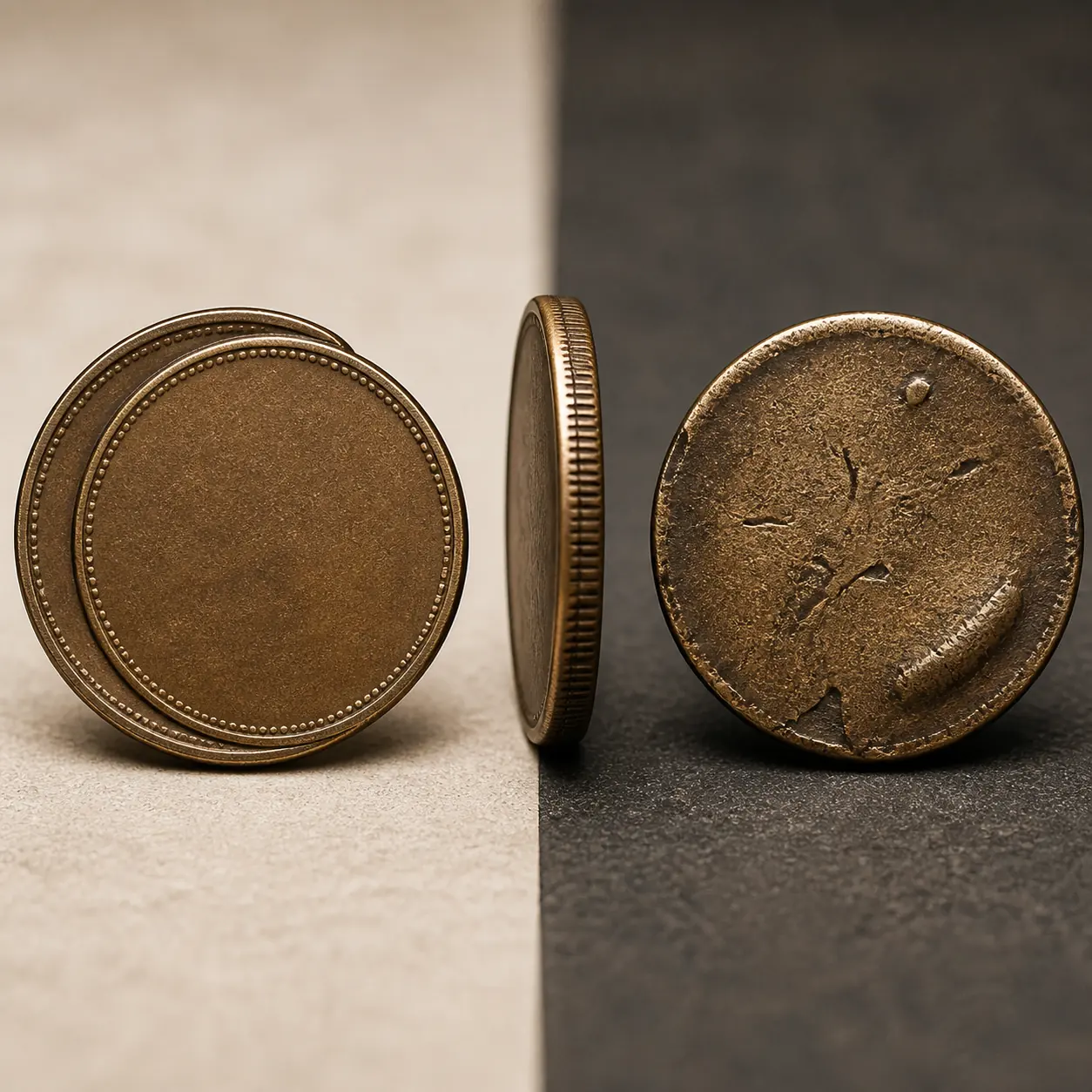 Editorial comparison of a generic off-center coin concept and a scratched damaged coin