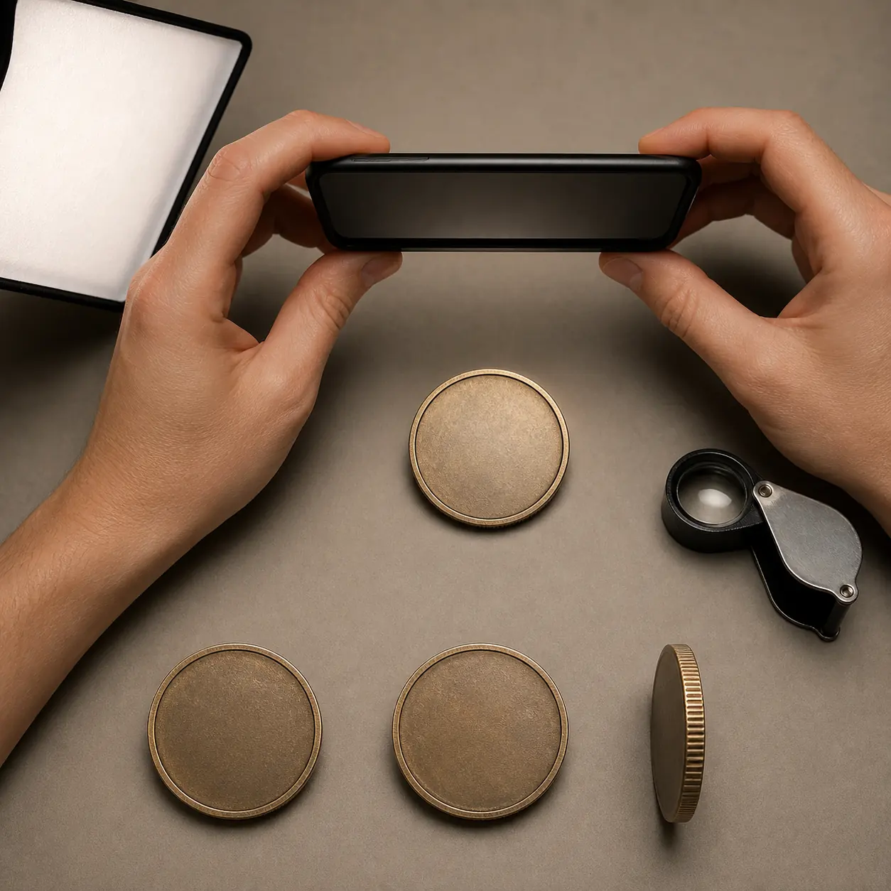 Generic coin, phone camera, diffuser, and loupe arranged for careful error coin photography