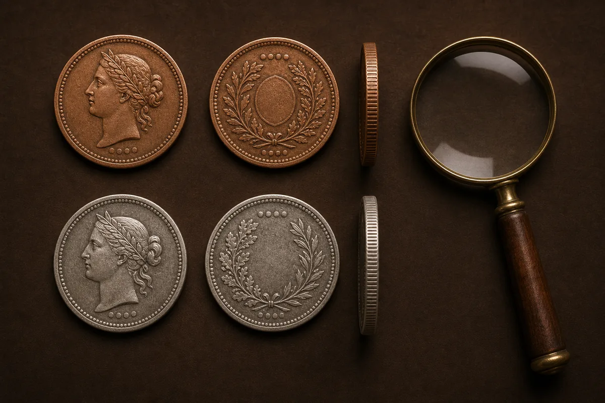 Ilustración editorial de caras, canto y lupa para una guía de identificación de monedas