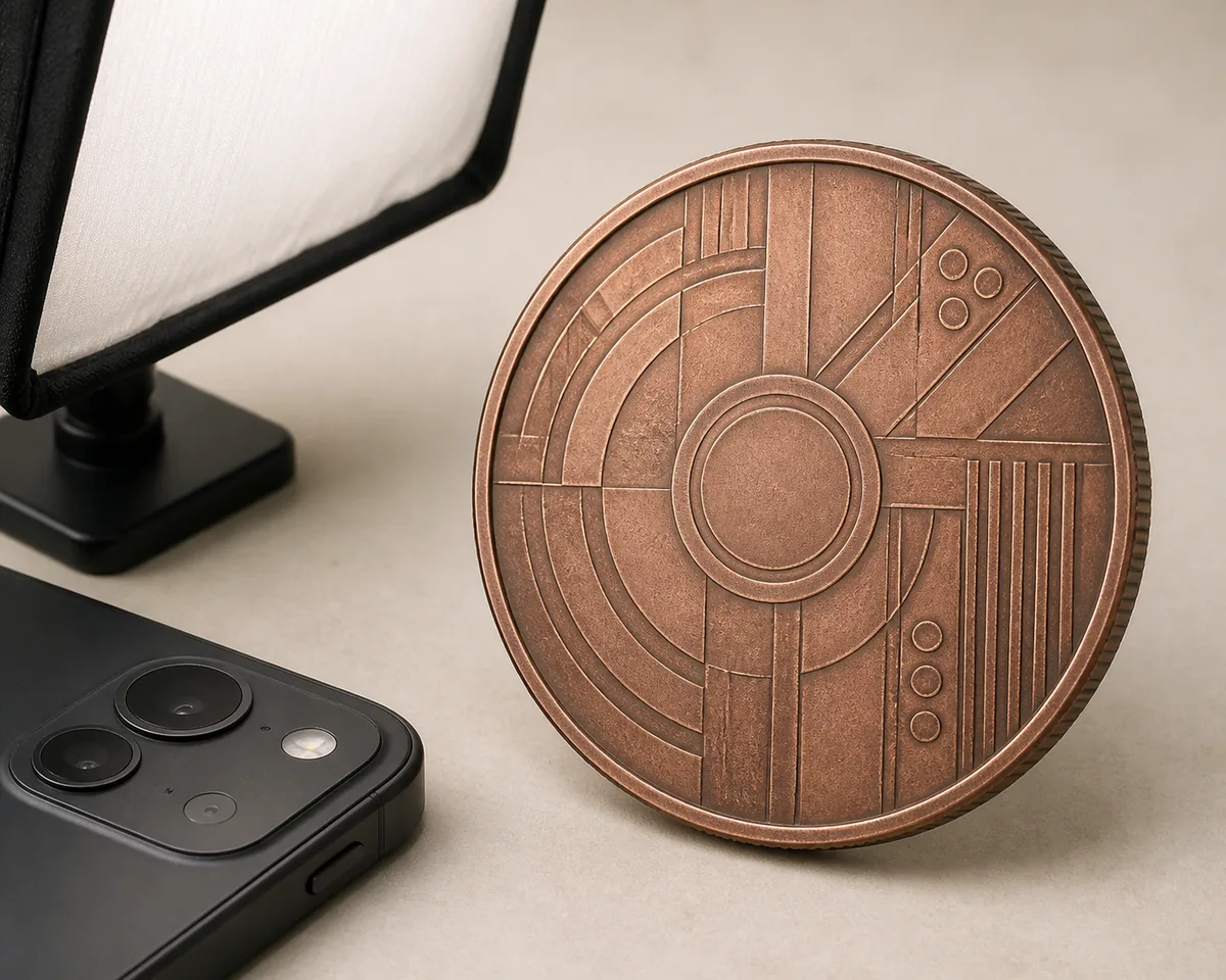 Ilustración de una moneda genérica, una cámara de teléfono y luz suave para una foto clara